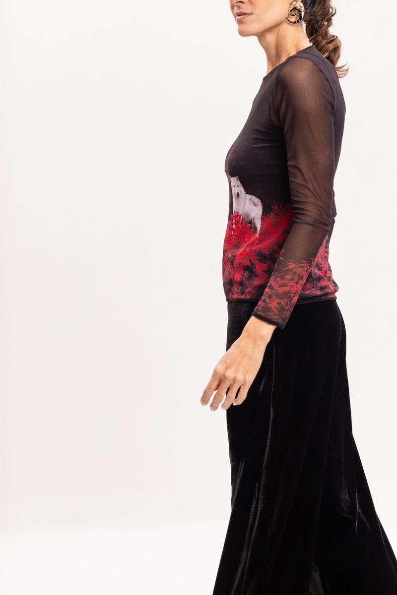 Blusa de Tule segunda pele manga longa Estampa Lobo