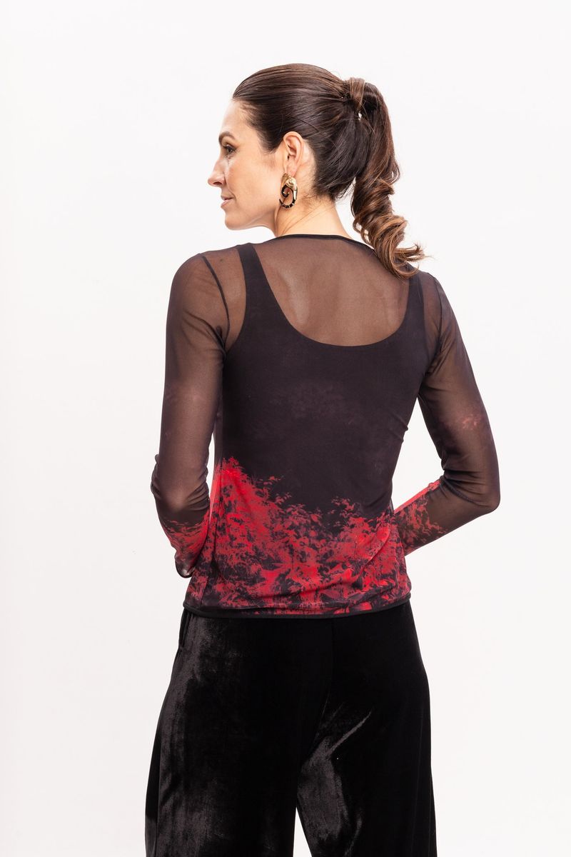 Blusa de Tule segunda pele manga longa Estampa Lobo