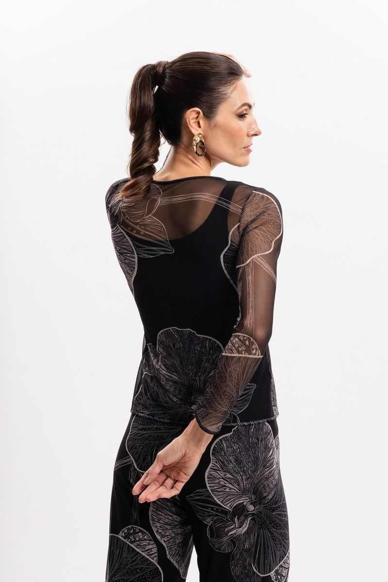 Blusa de Tule segunda pele manga longa  Orquídea Negra