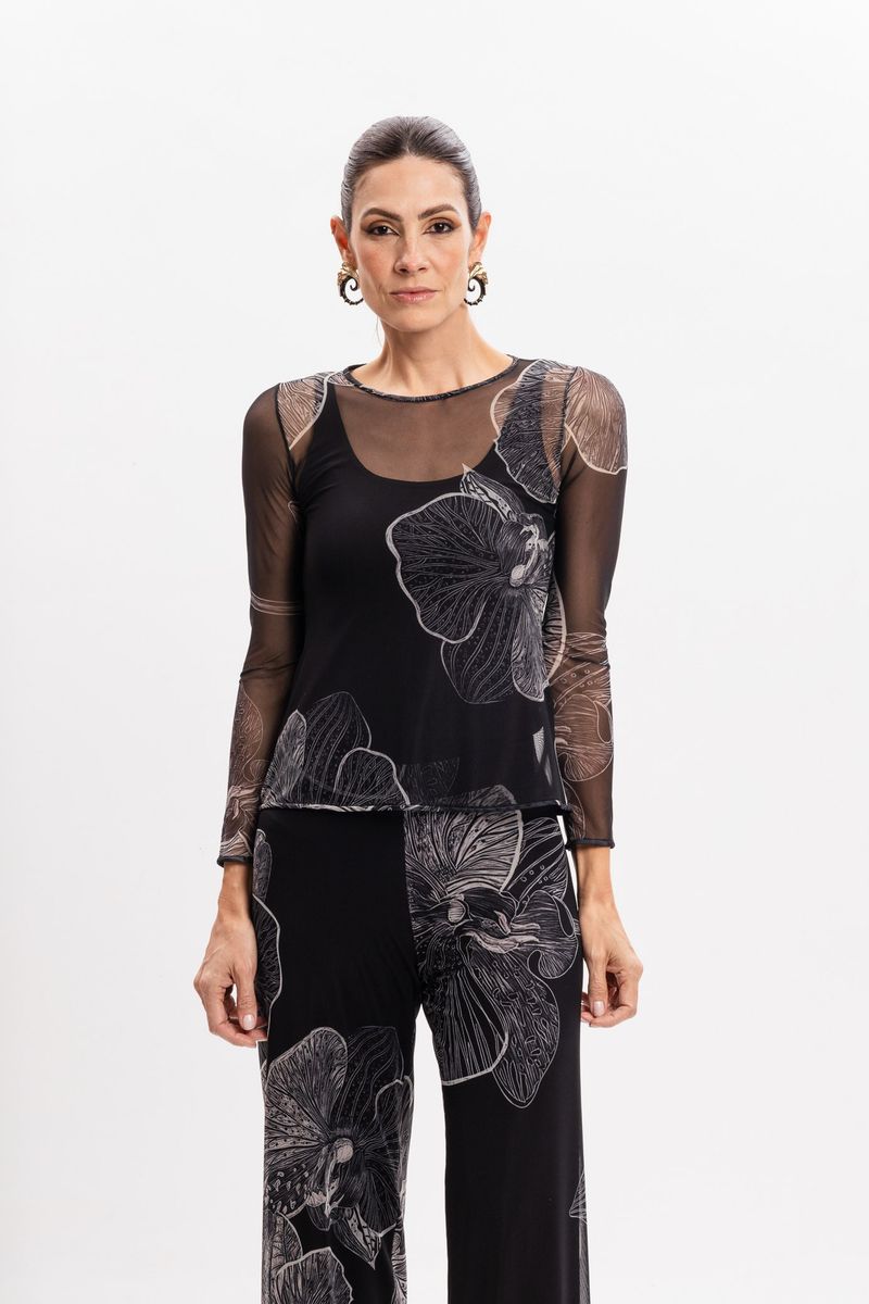 Blusa de Tule segunda pele manga longa  Orquídea Negra
