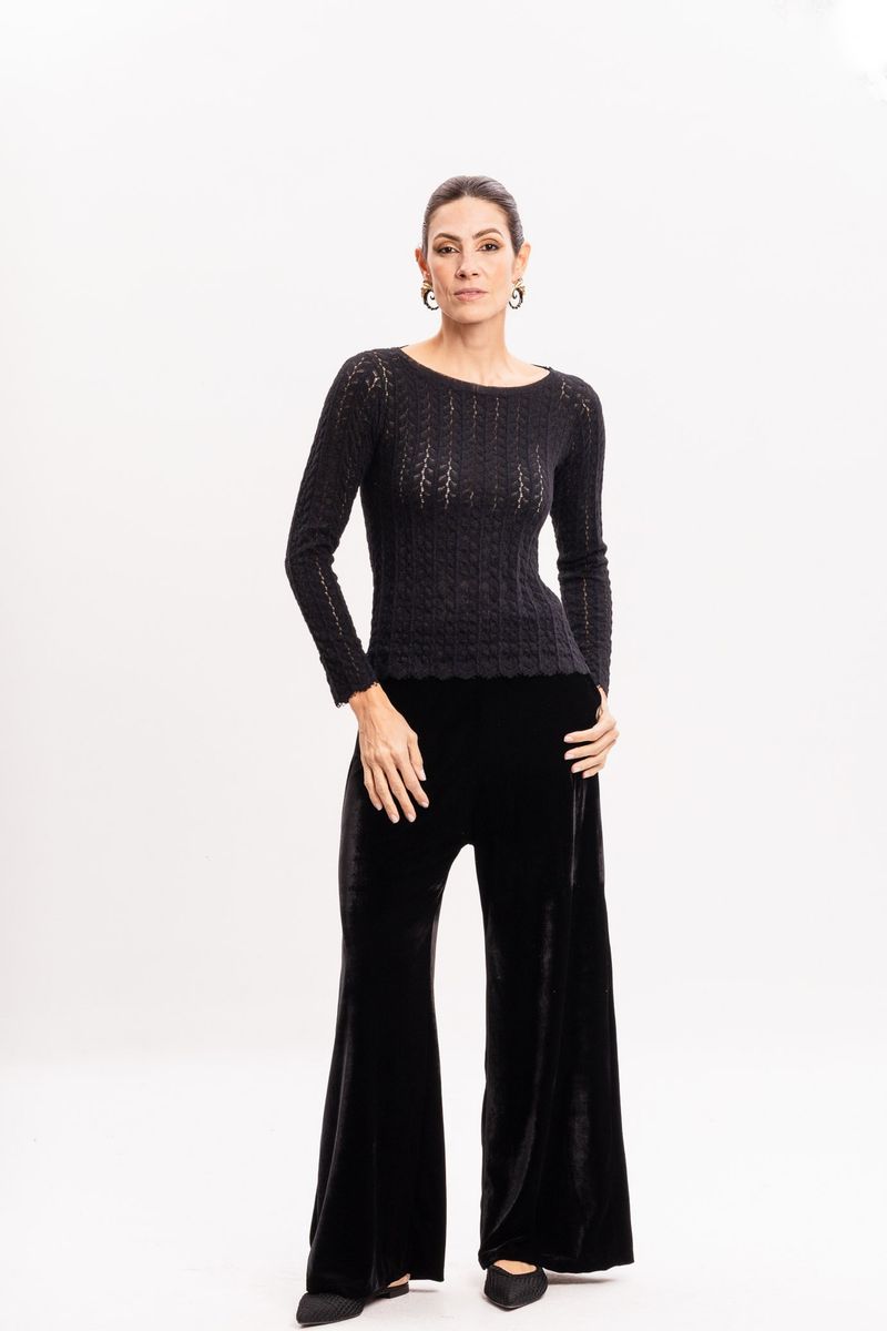 Blusa de Tricô Rendado Preta Manga Longa