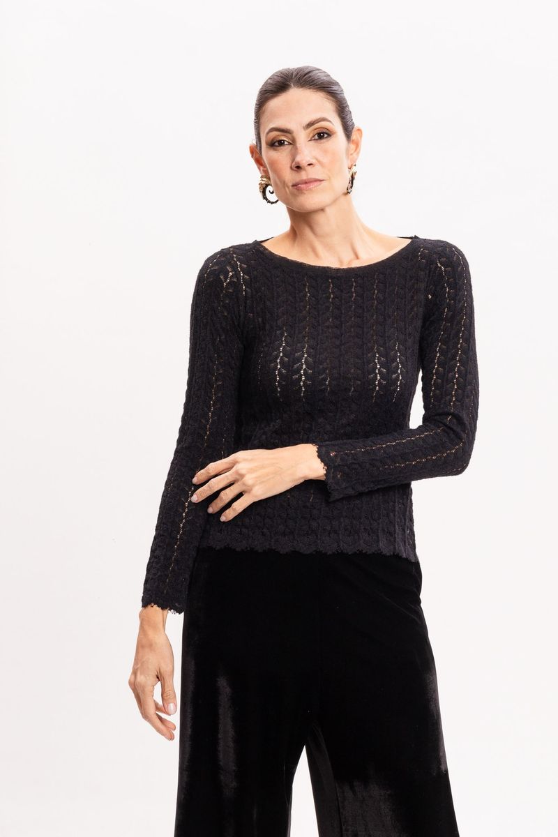 Blusa de Tricô Rendado Preta Manga Longa