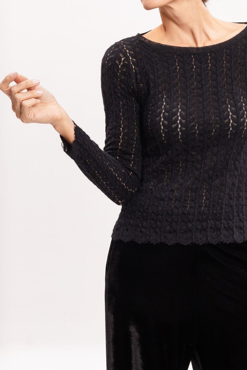 Blusa de Tricô Rendado Preta Manga Longa