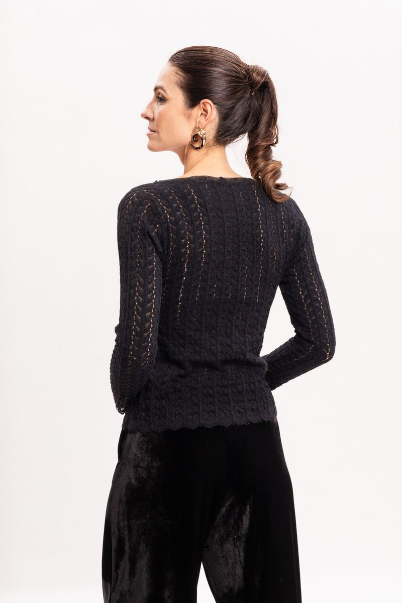 Blusa de Tricô Rendado Preta Manga Longa