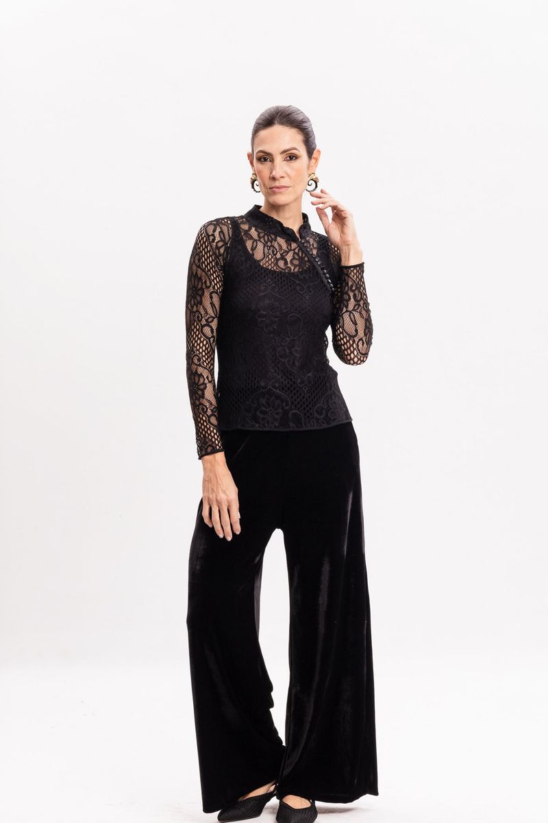 Blusa de Renda Manga Longa com Gola Japonesa