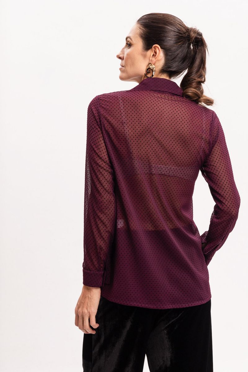 Camisa em Musseline Vinho Poá Flocado Marsala