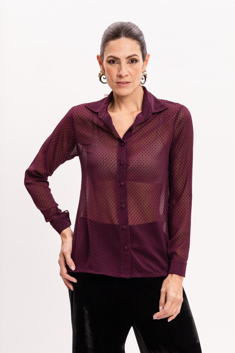Camisa em Musseline Vinho Poá Flocado Marsala