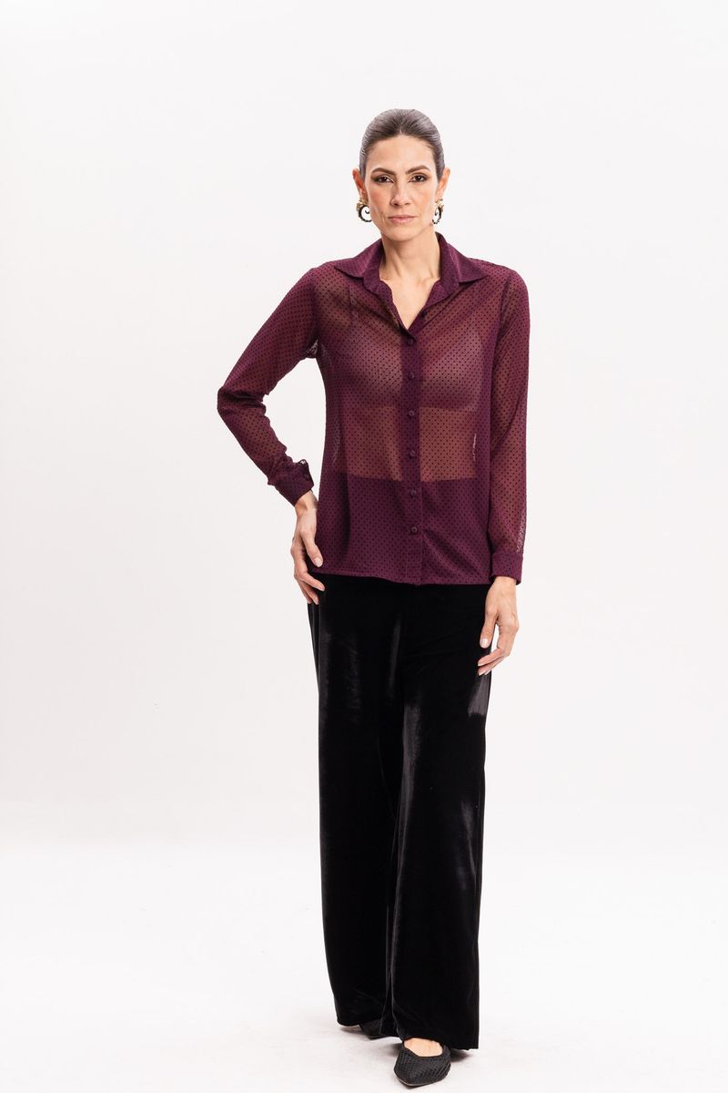 Camisa em Musseline Vinho Poá Flocado Marsala