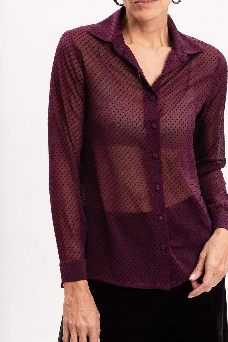 Camisa em Musseline Vinho Poá Flocado Marsala