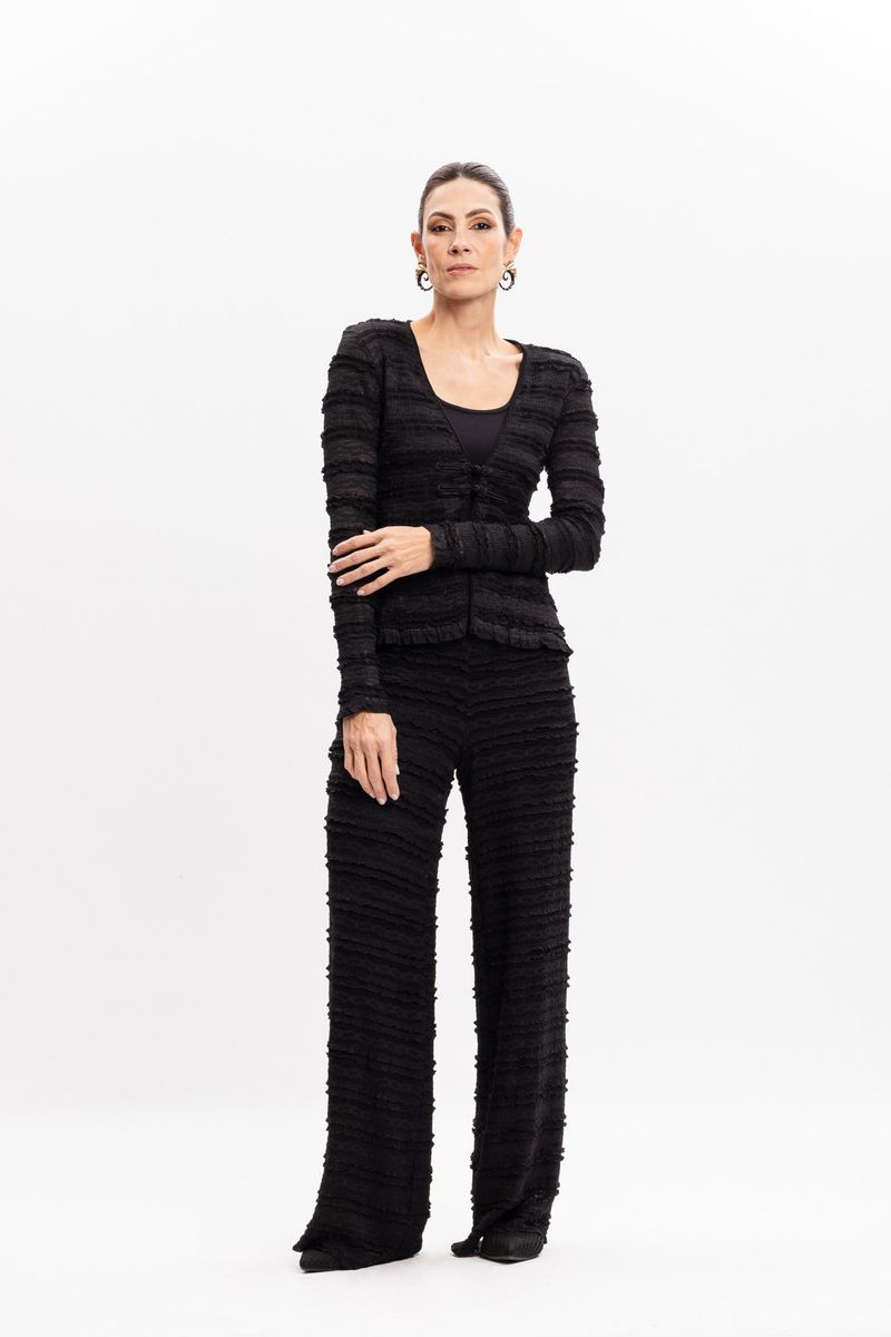 Calça Pantalona Preta em Tule Texturizado