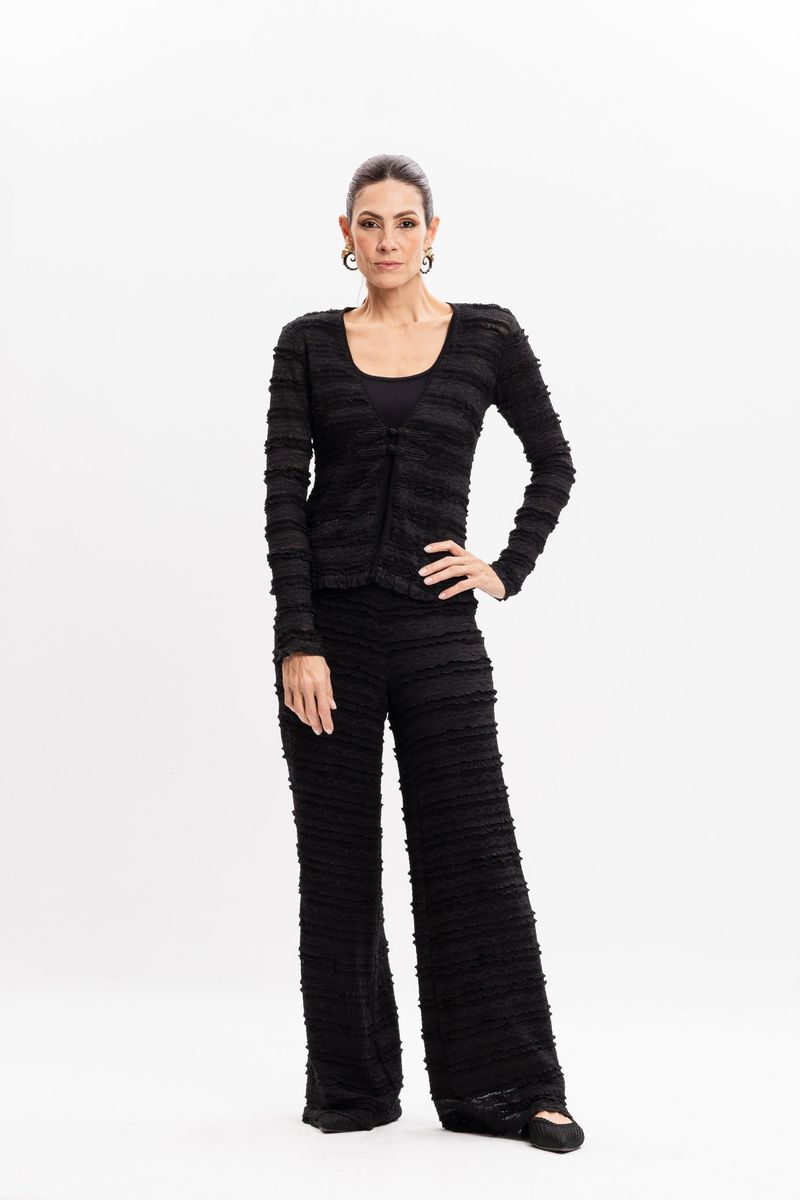 Calça Pantalona Preta em Tule Texturizado