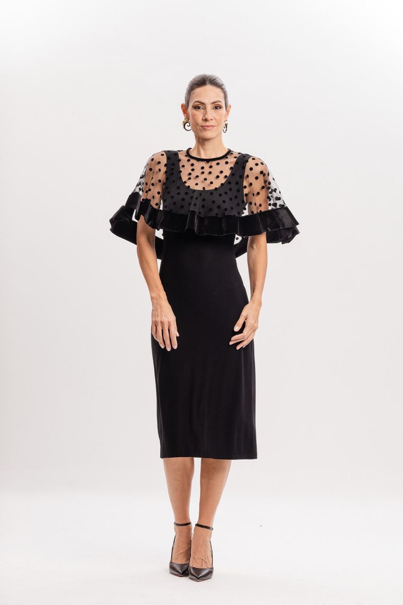 Poncho tule poa flocado Preto