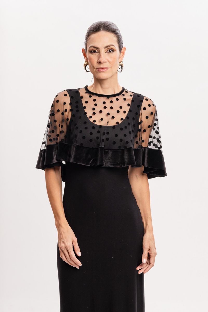 Poncho tule poa flocado Preto