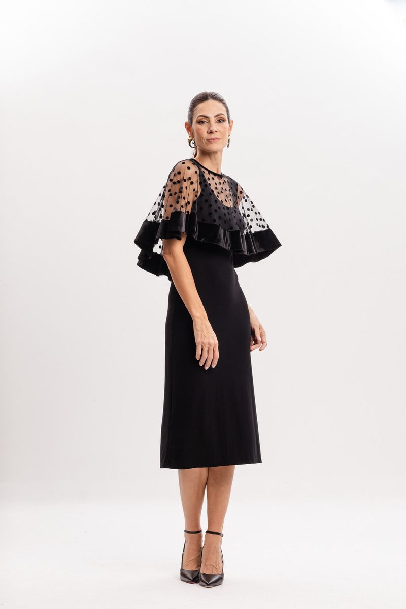 Poncho tule poa flocado Preto