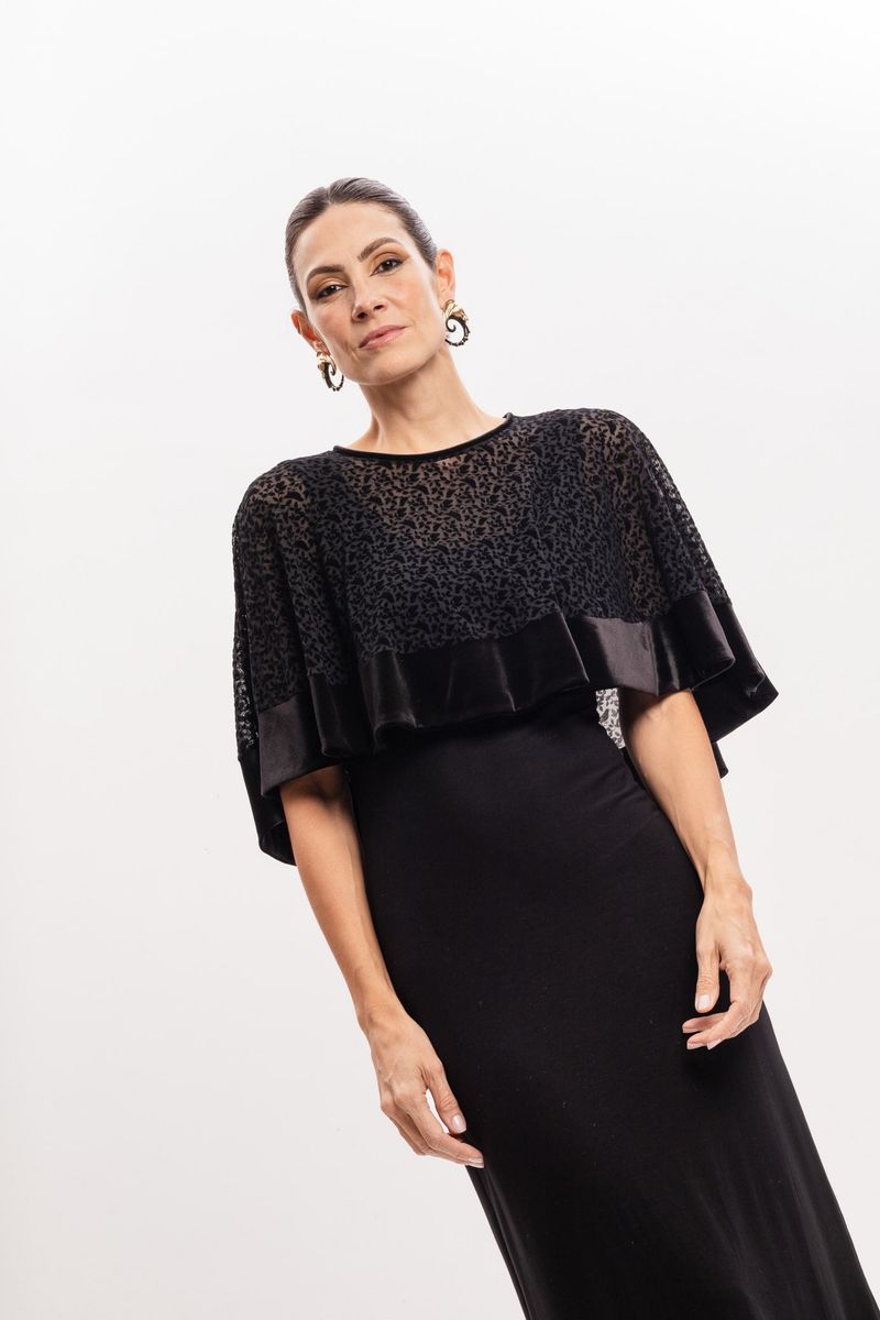 Poncho tule folha devore Preto