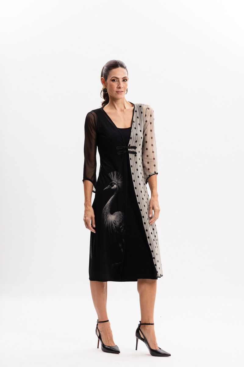 Kimono Longo em Tule Grou Coroado com Poá