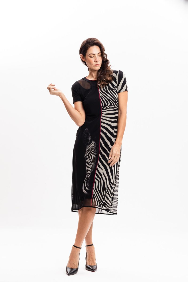 Vestido Curto em Tule Listras Zebrada