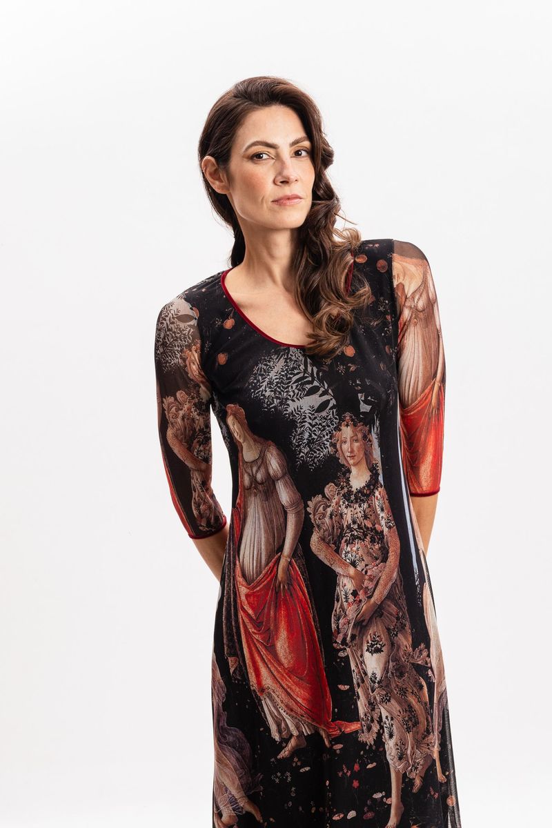 Vestido Curto em Tule Estampa Três Graças