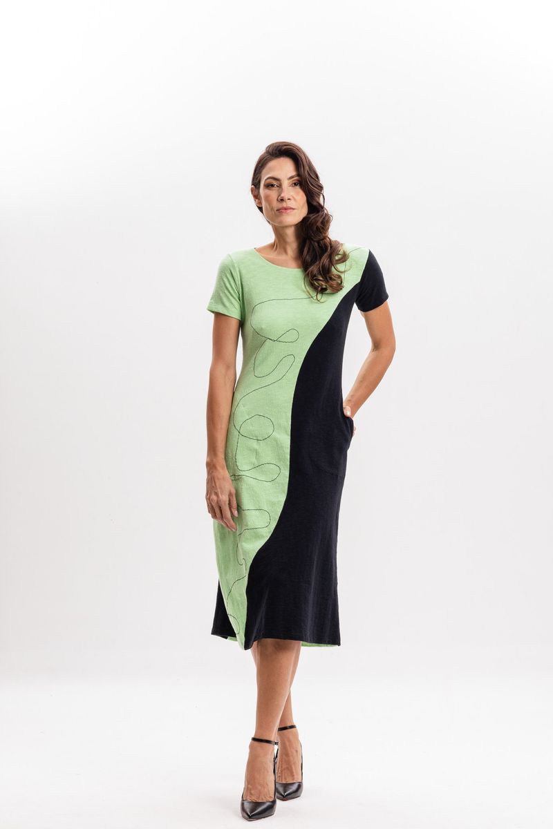 Vestido Curto Bicolor em Malha Verde e Preto