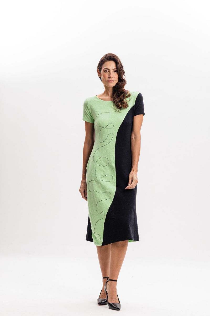 Vestido Curto Bicolor em Malha Verde e Preto