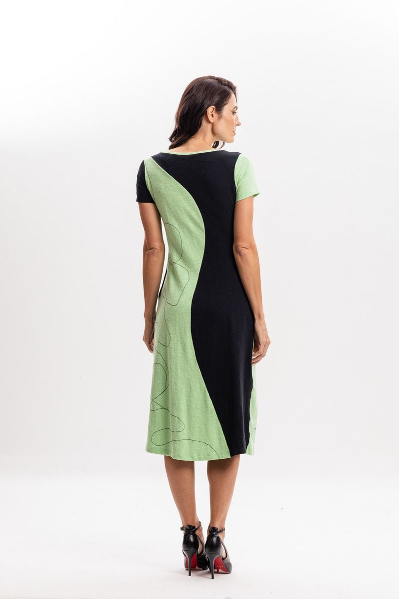 Vestido Curto Bicolor em Malha Verde e Preto