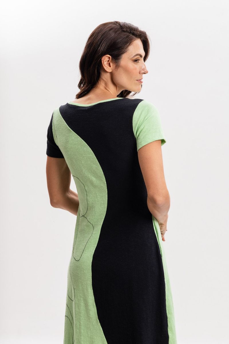 Vestido Curto Bicolor em Malha Verde e Preto