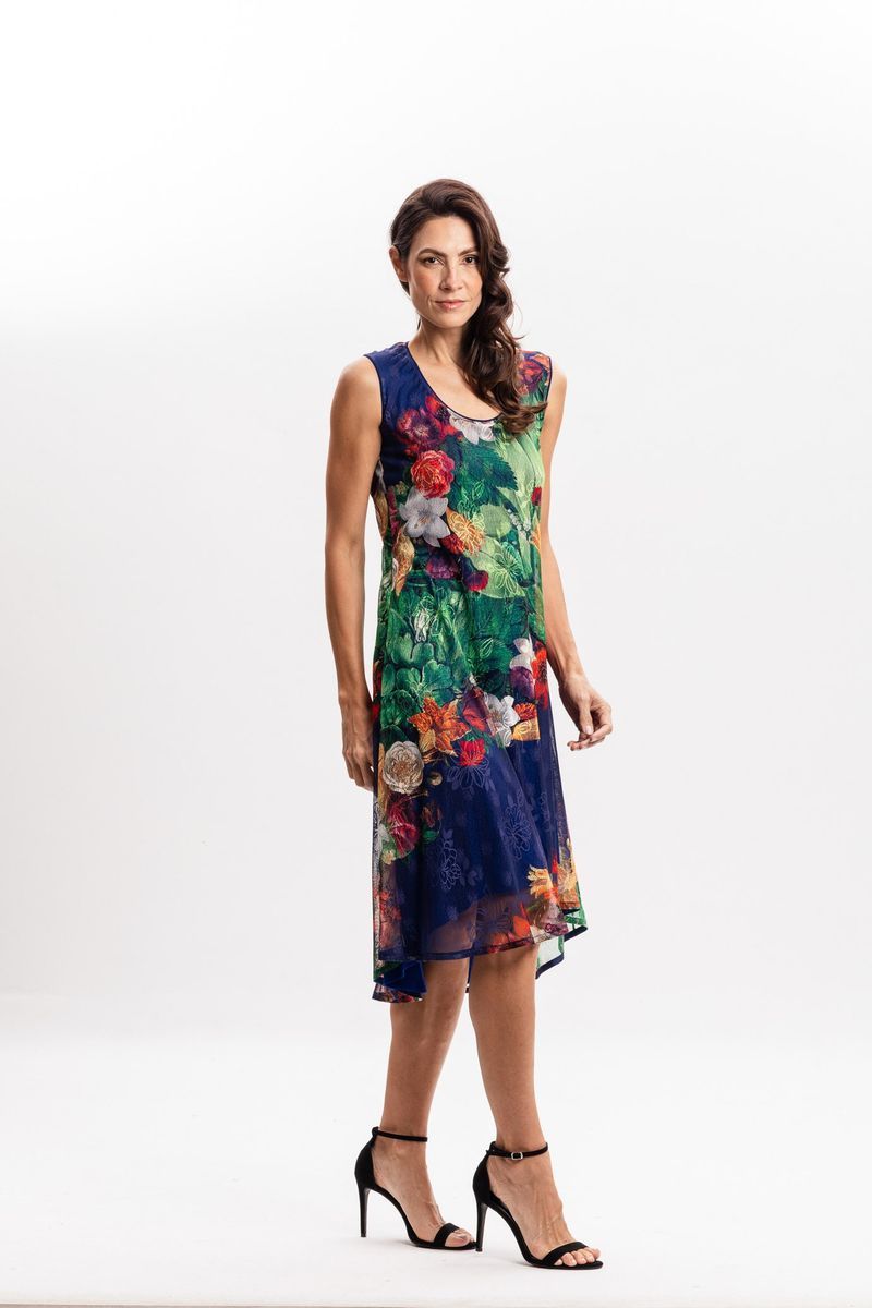 Vestido Curto em Tule Floral Azul
