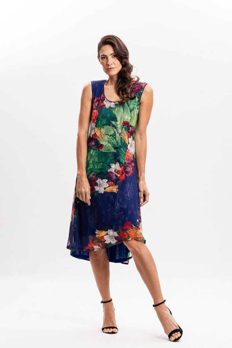 Vestido Curto em Tule Floral Azul