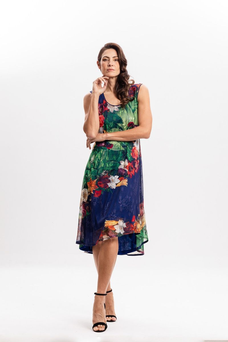 Vestido Curto em Tule Floral Azul