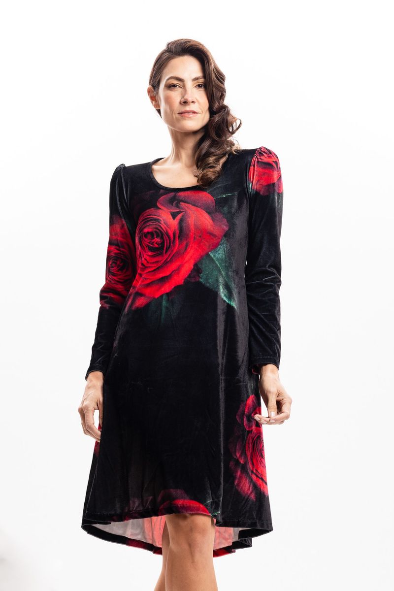 Vestido em Plush Estampado com Bolso Rosa Vermelha