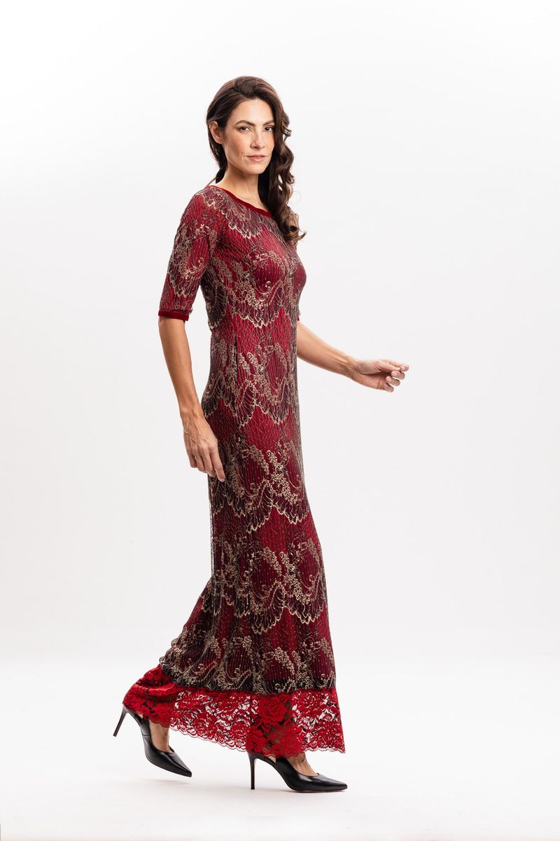 Vestido longo em Renda Vermelho com Dourado