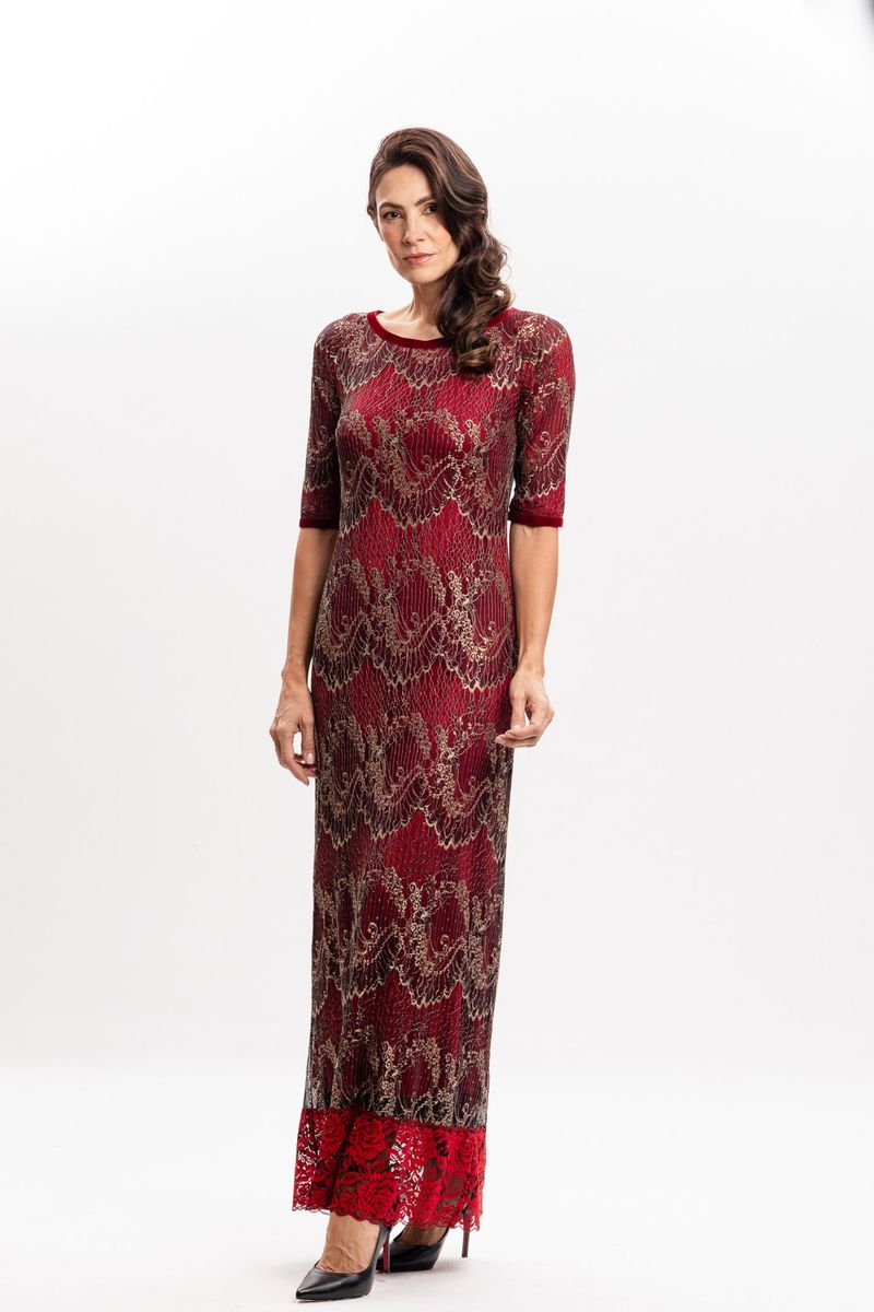 Vestido longo em Renda Vermelho com Dourado