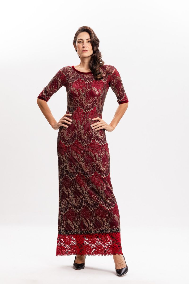 Vestido longo em Renda Vermelho com Dourado