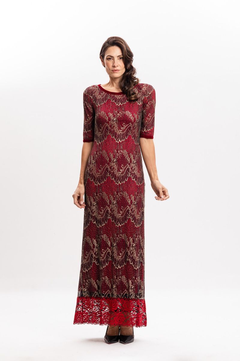 Vestido longo em Renda Vermelho com Dourado