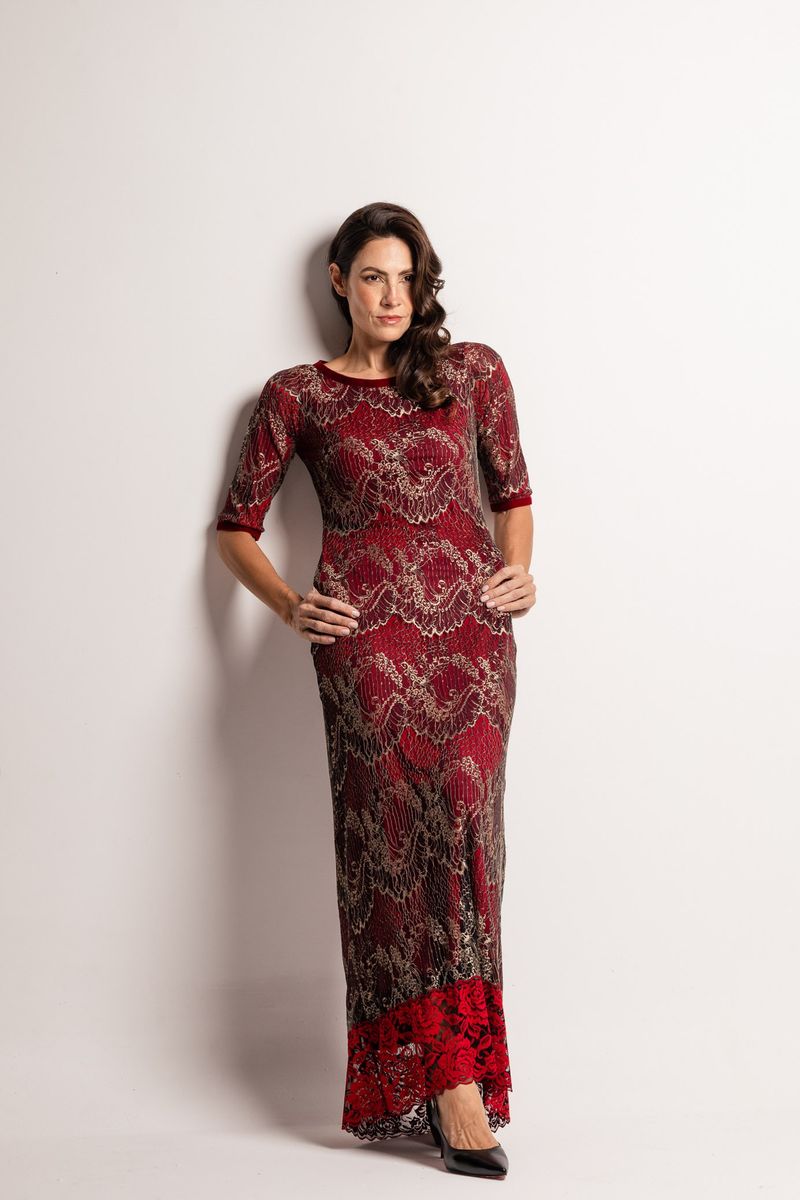 Vestido longo em Renda Vermelho com Dourado