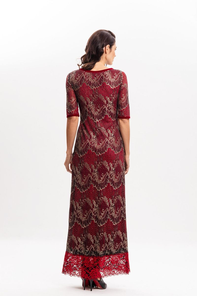 Vestido longo em Renda Vermelho com Dourado