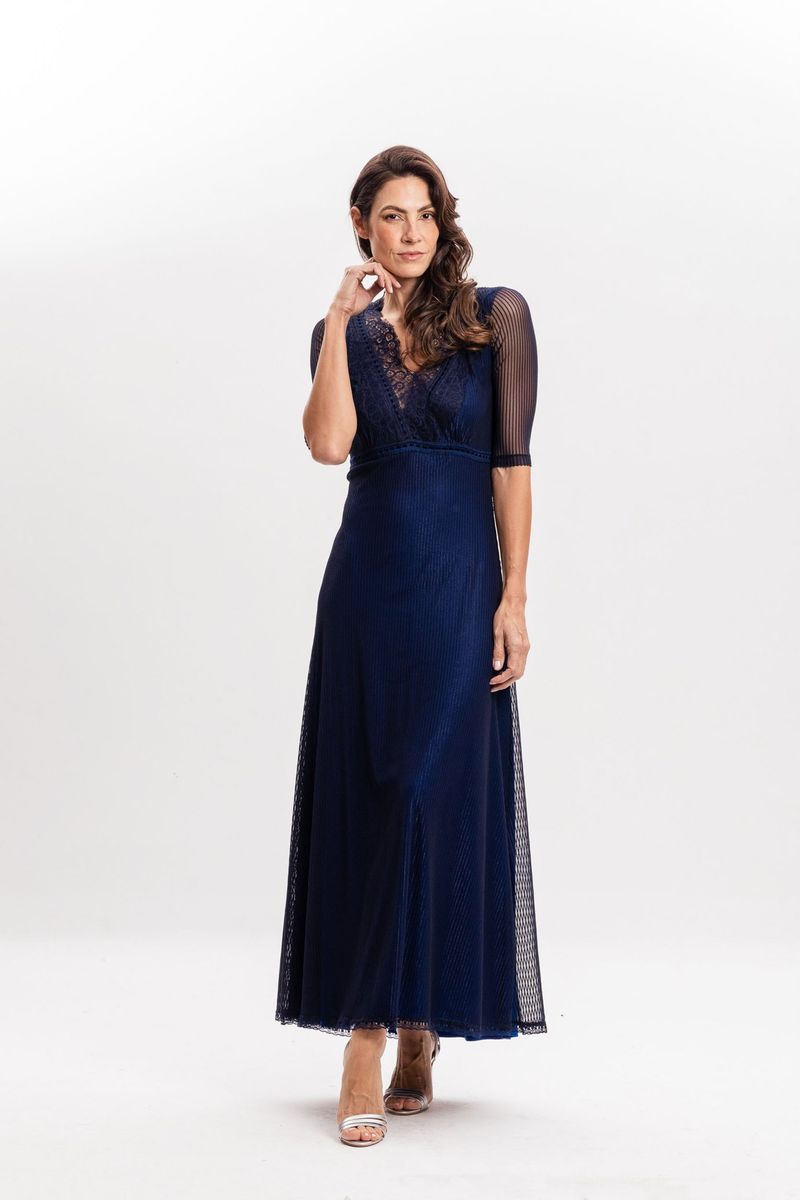 Vestido Longo em Tule Canelado Azul Marinho