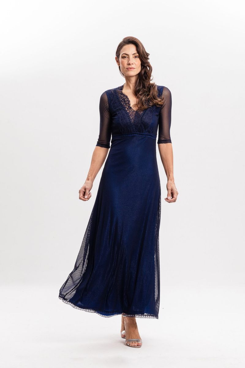 Vestido Longo em Tule Canelado Azul Marinho