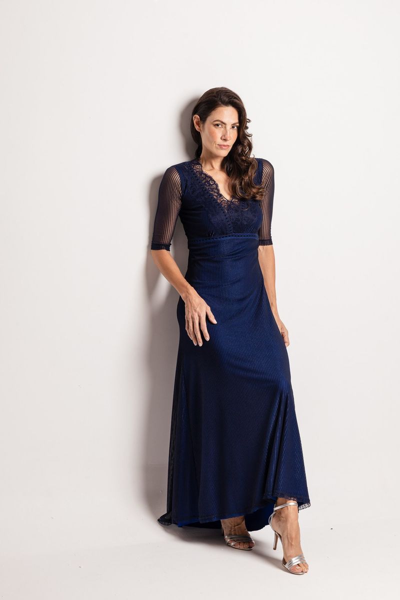 Vestido Longo em Tule Canelado Azul Marinho