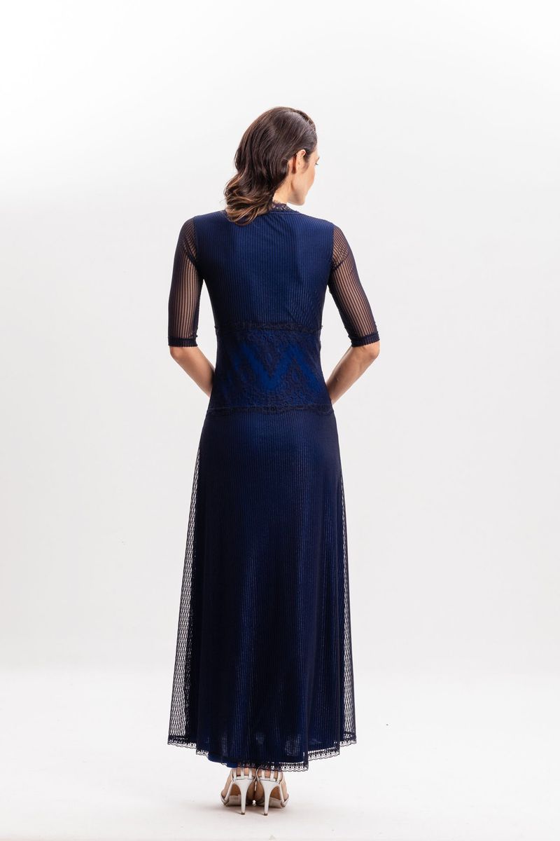 Vestido Longo em Tule Canelado Azul Marinho