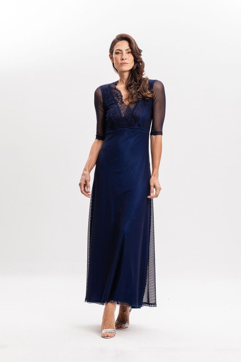 Vestido Longo em Tule Canelado Azul Marinho