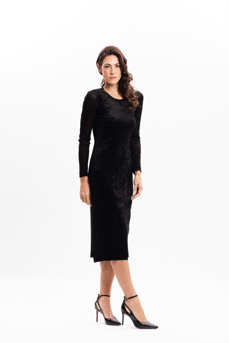 Vestido Reto em Tule Transparente Preto