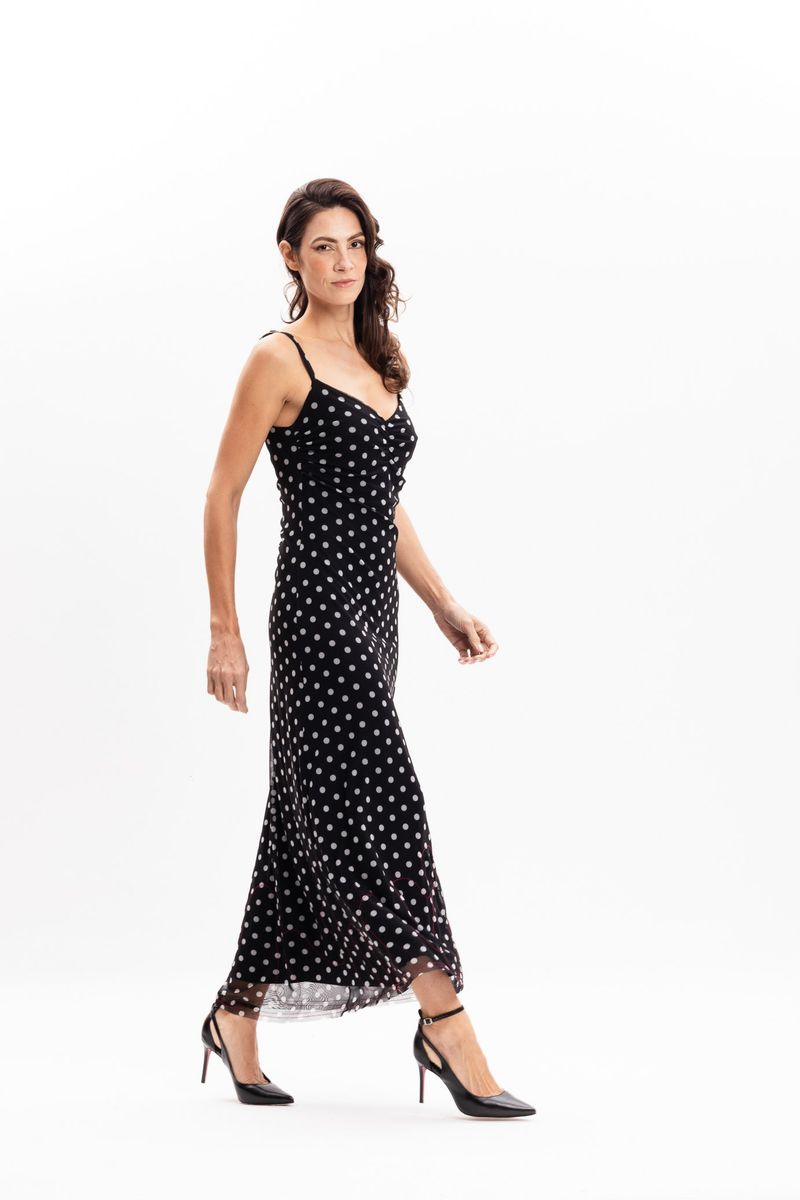 Vestido Longo  Regata em Tule Poá Preto