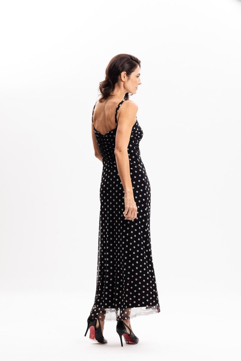 Vestido Longo  Regata em Tule Poá Preto