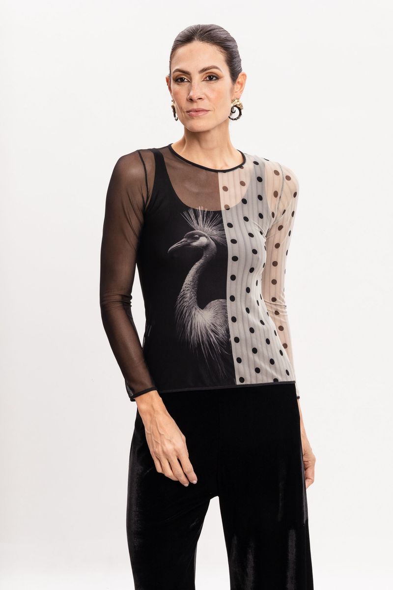 Blusa de Tule segunda pele Grou coroado com Poá