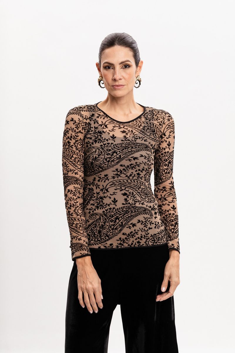 Blusa de Tule Manga longa Devorê Caxemira
