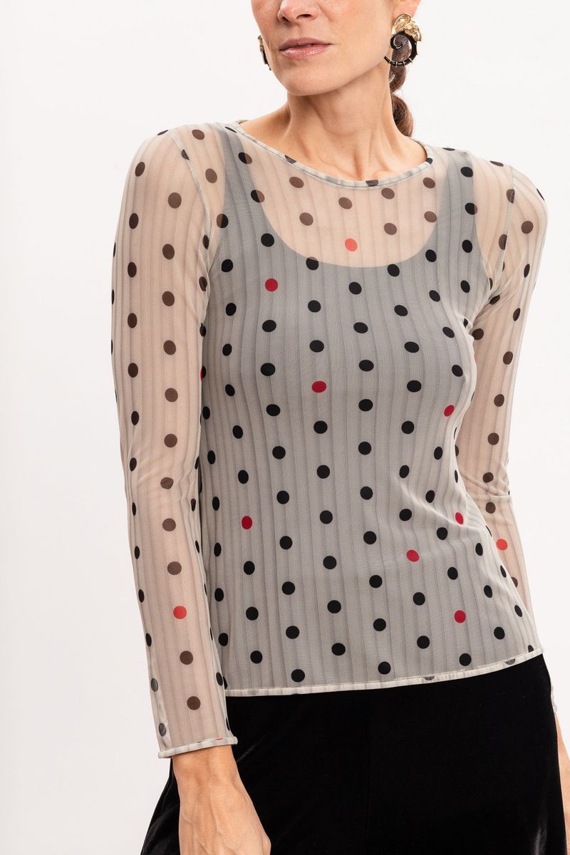 Blusa Segunda Pele em Tule Manga Longa Poá