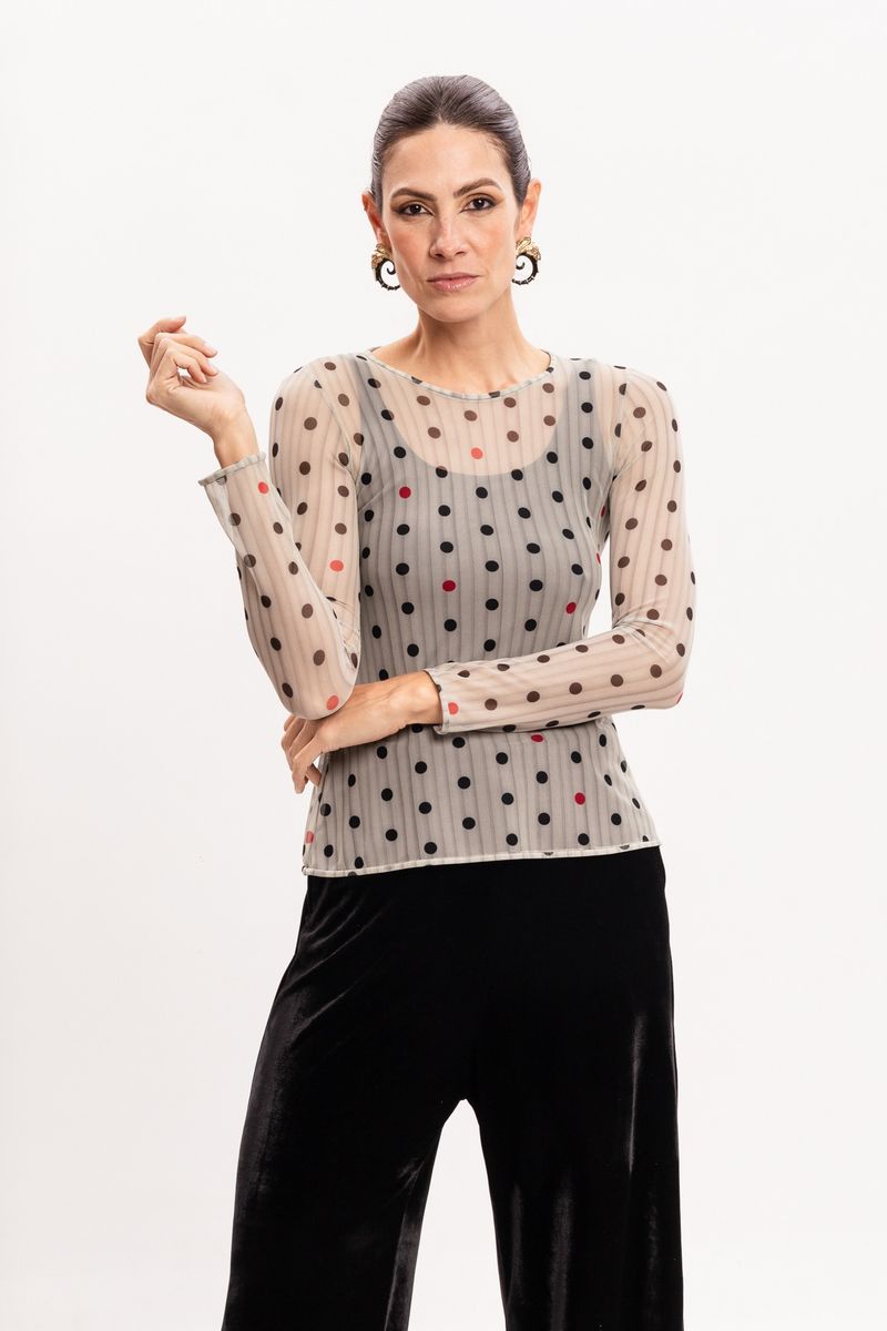 Blusa Segunda Pele em Tule Manga Longa Poá