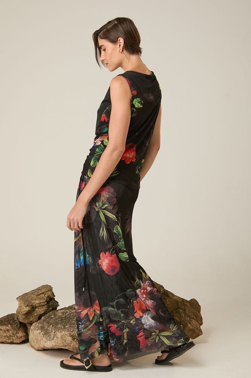 Blusa de Tule Floral Sem Manga Estampa Elias Vanden Broeck