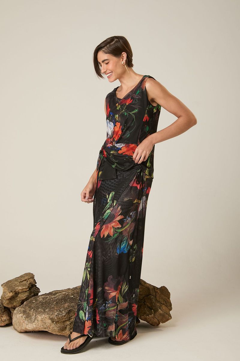 Blusa de Tule Floral Sem Manga Estampa Elias Vanden Broeck